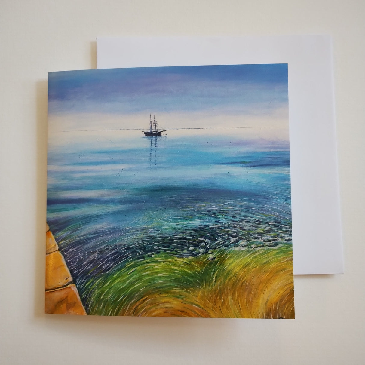 Tall Ship in St. Austell Bay, card by Liz Hackney