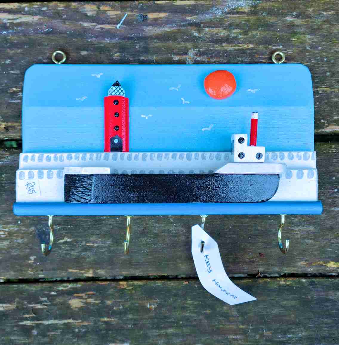 Wooden Harbour Key Holder with a Black fishing boat by David Fry (COM)