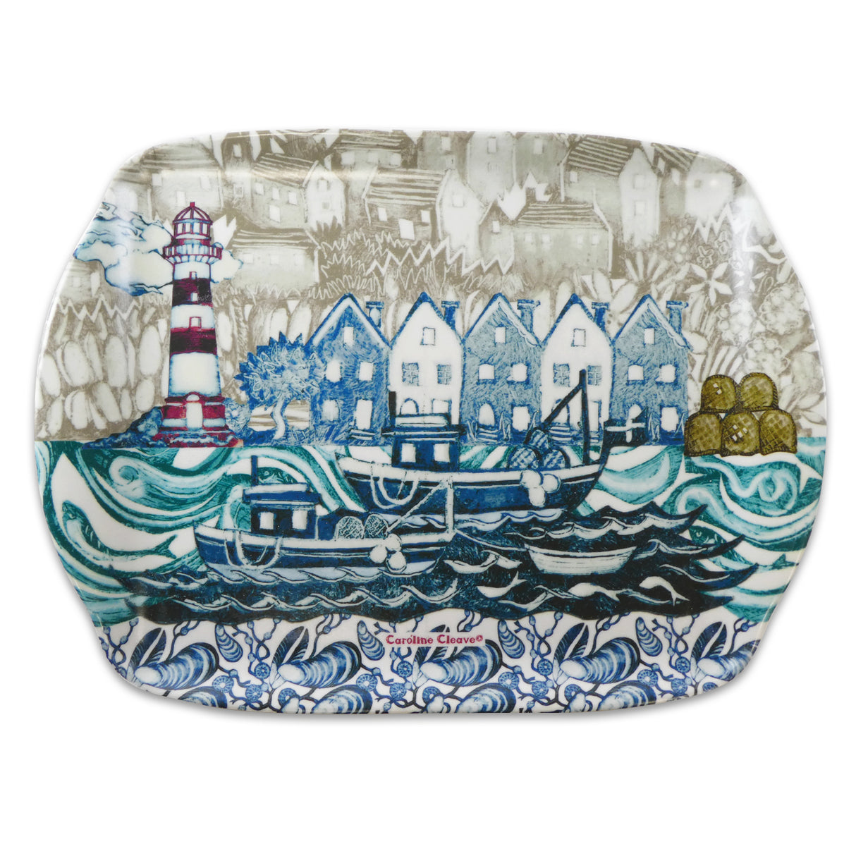 Fishing Village with Lighthouse medium tray by Caroline Cleave