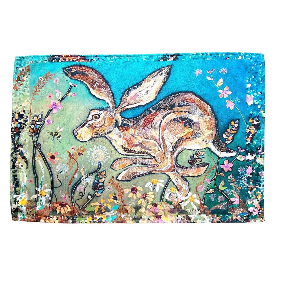 "Follow the Leader" hare tea towel by Dawn Maciocia