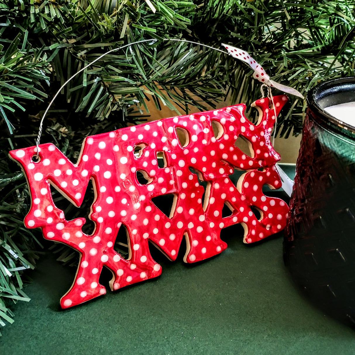 "Merry Xmas" spotty ceramic decoration