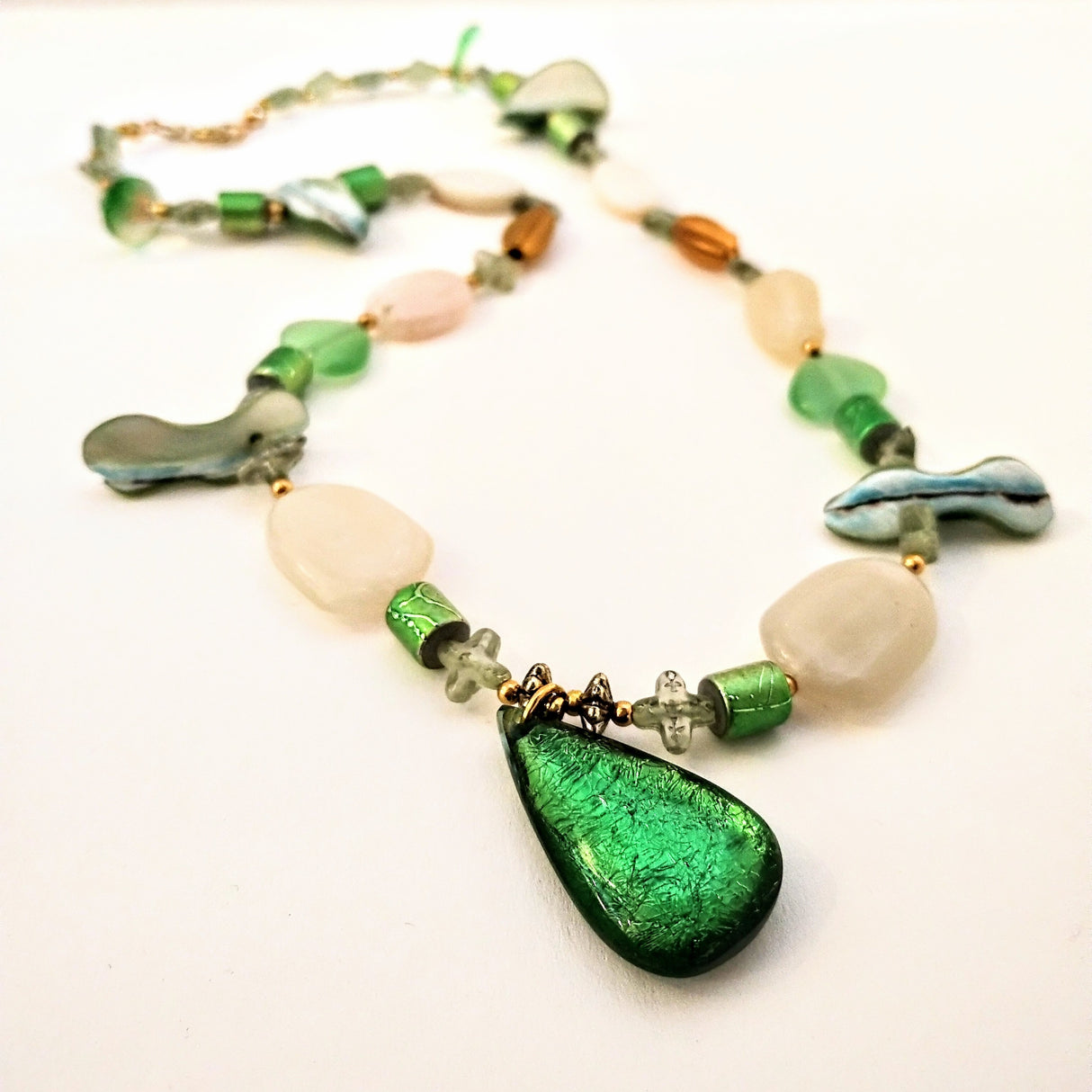 Vintage beads and shell necklace in white and greens by Margaret Gould (com)