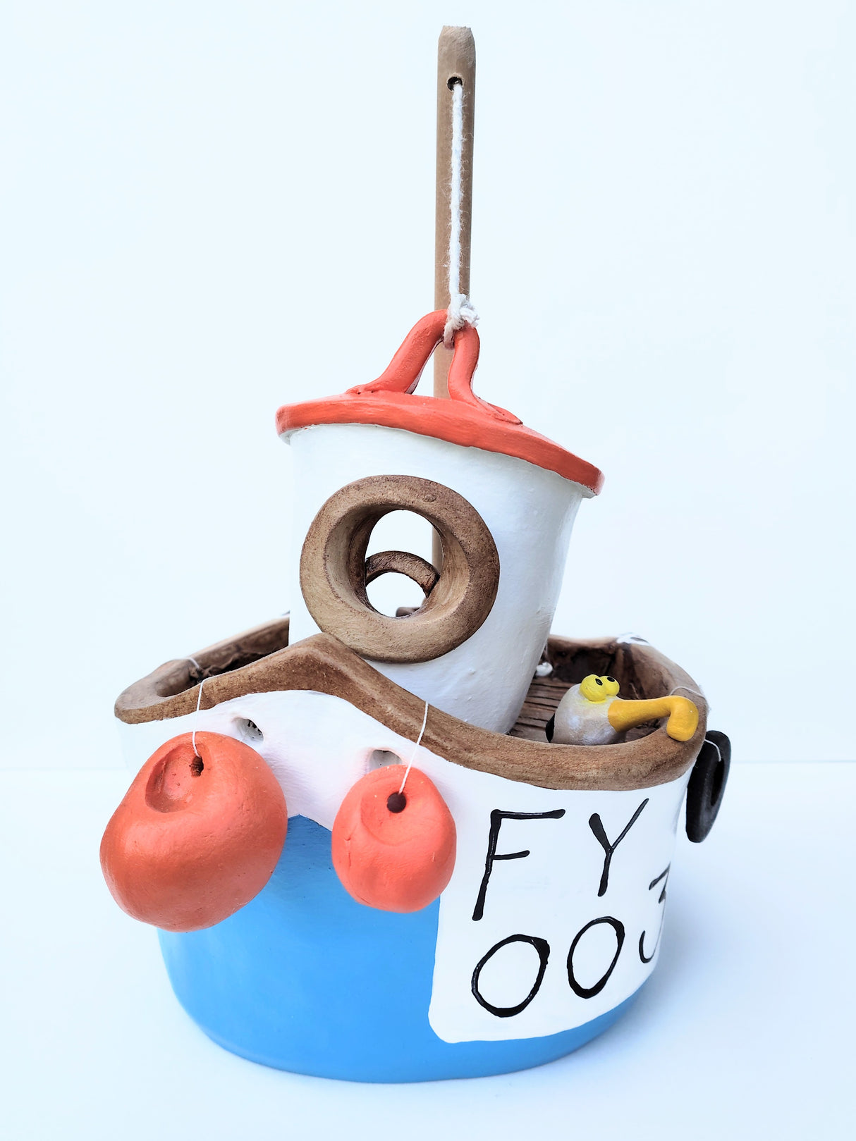 FY003 medium blue ceramic fishing boat by Louise Thorn