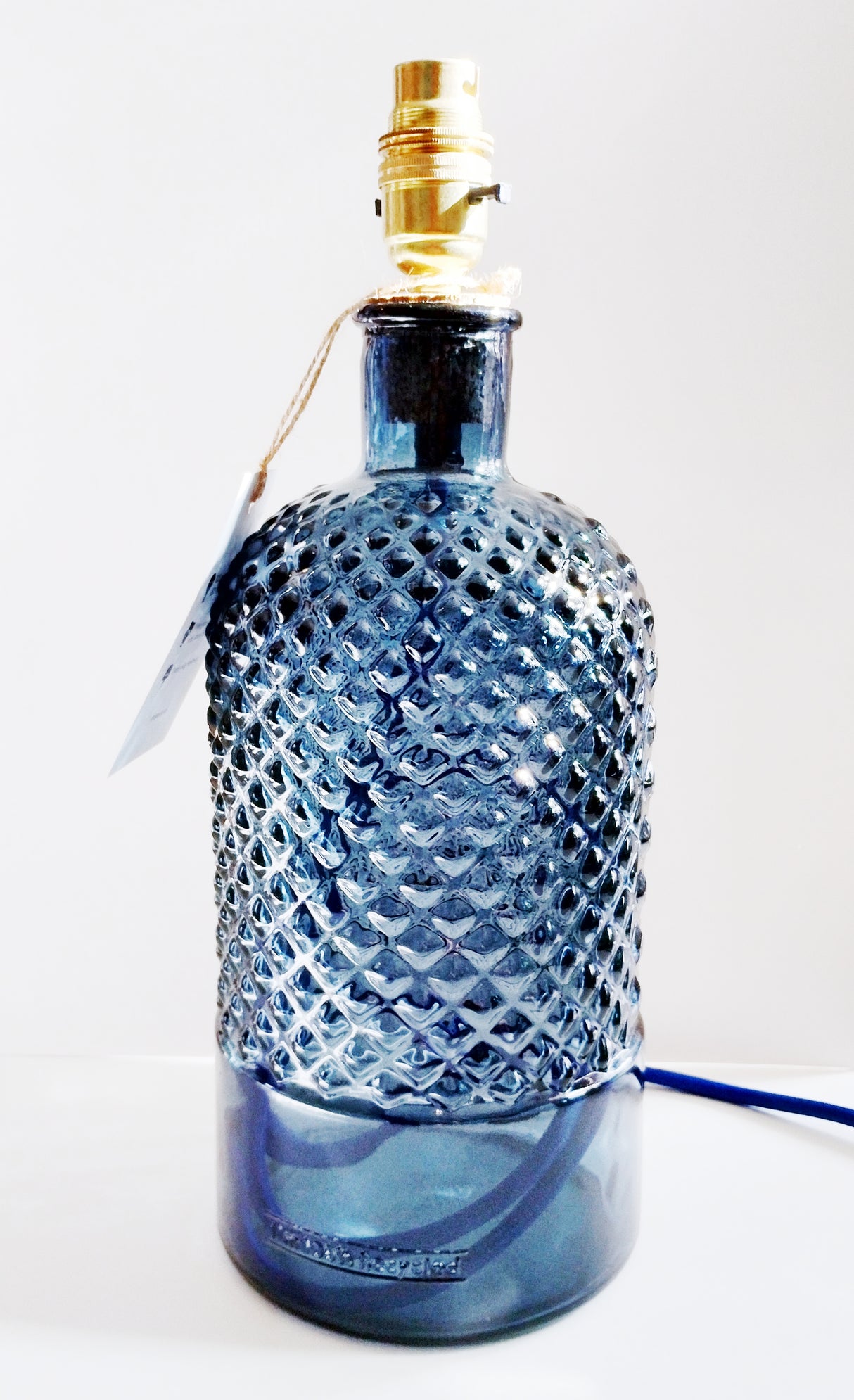 Recycled Glass Diamond Bottle Petrol Blue Lamp Base