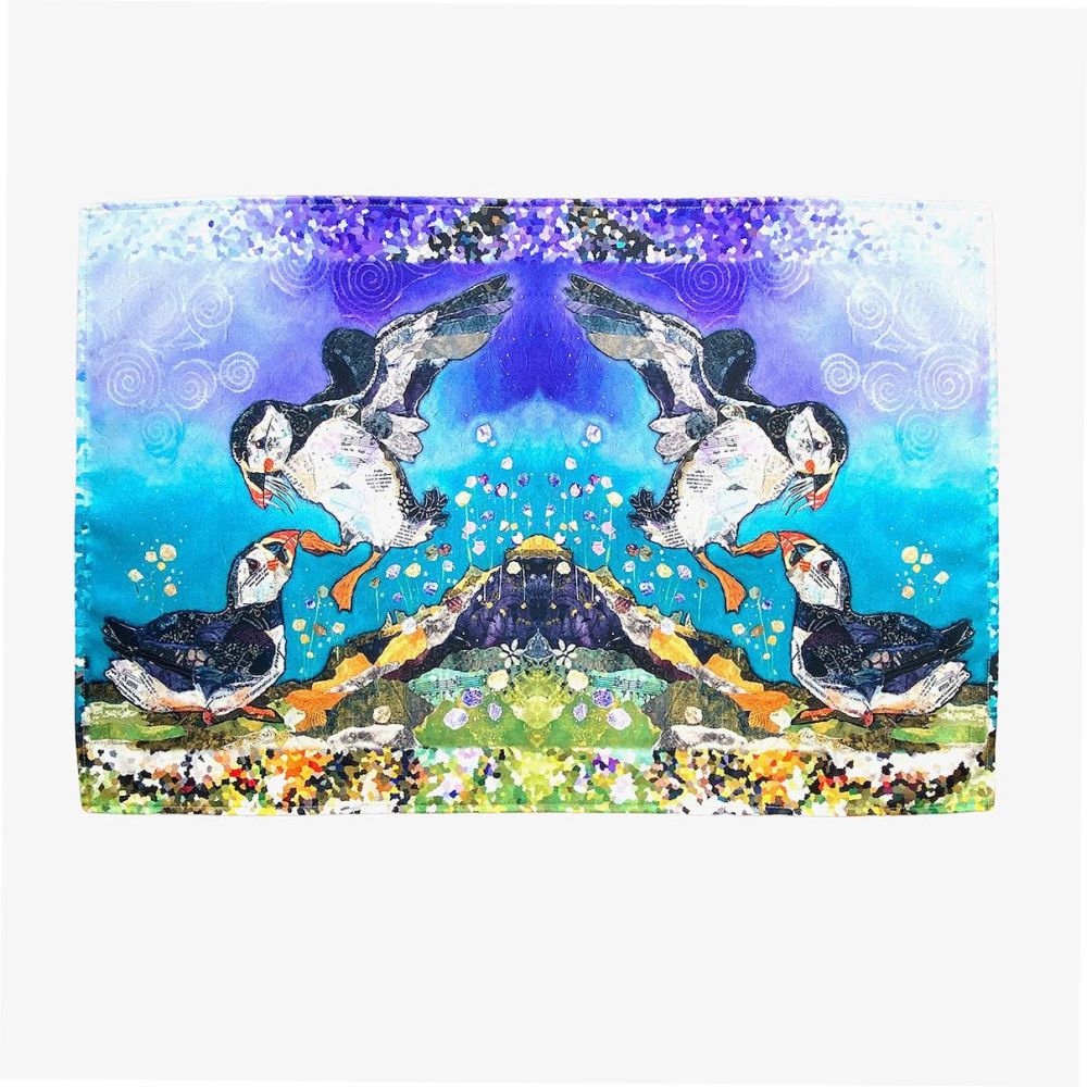 "Love On the Rocks" puffins tea towel by Dawn Maciocia