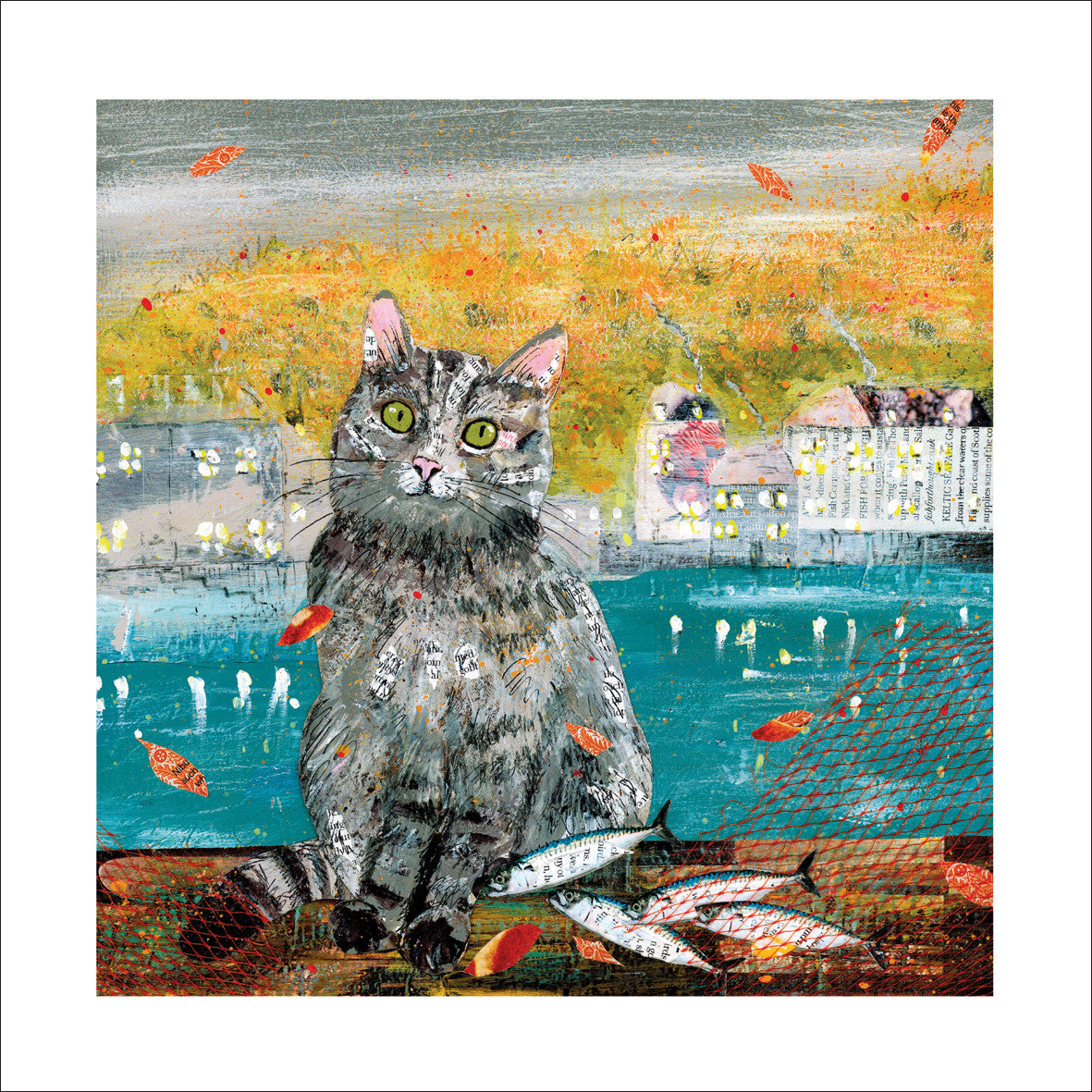 "October Catch" cat card by Adam James Severn