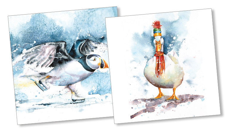 Puffin & Duck Christmas card pack of 10 by Rachel Toll
