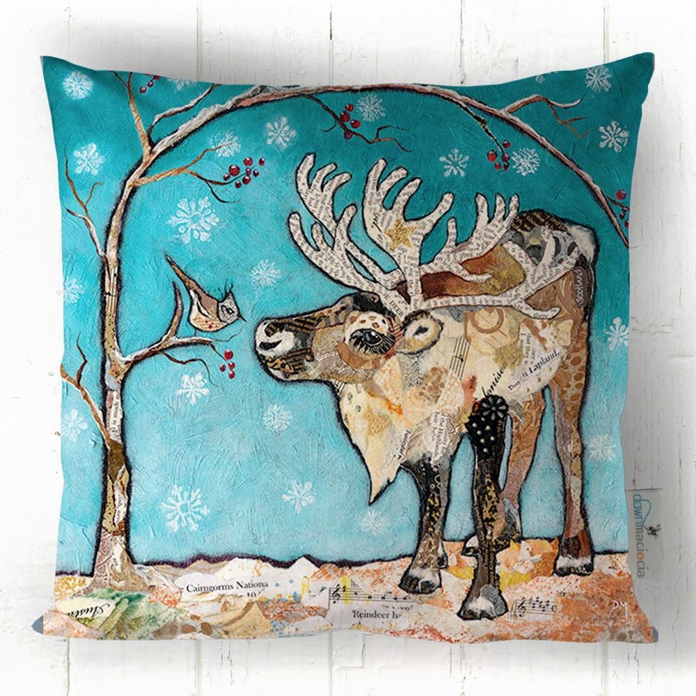 "Reindeer and Bird" faux suede cushion