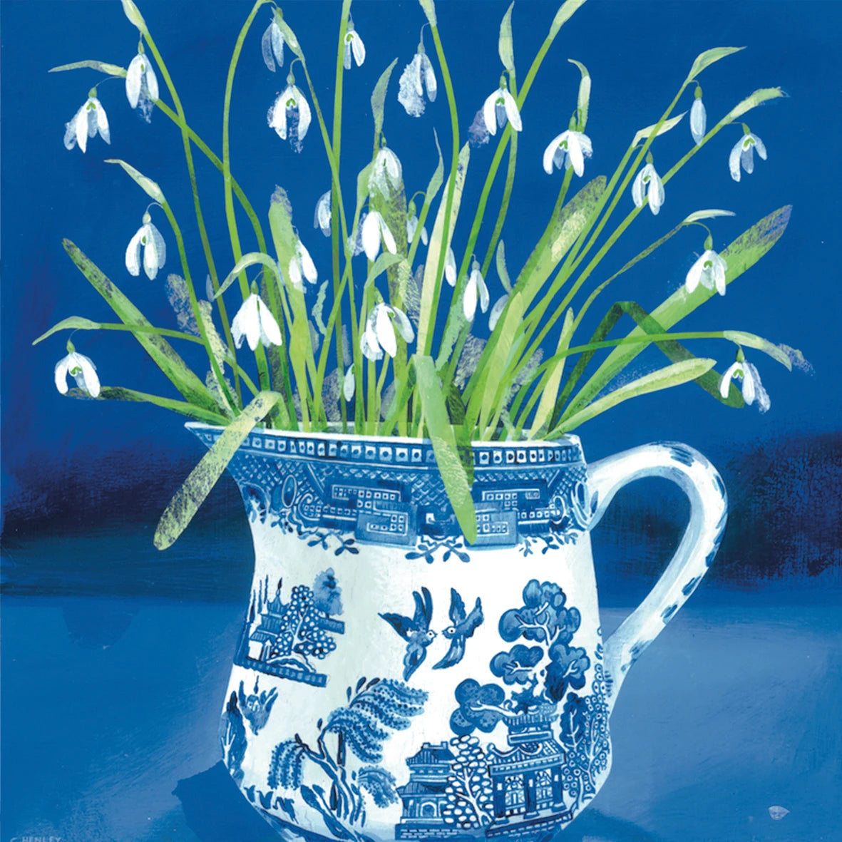 Snowdrops in the Willow Pattern Jug, card Claire Henley