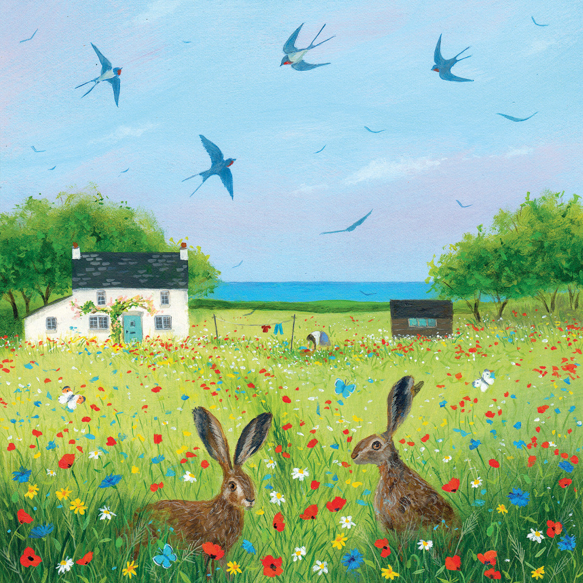 "Swallows and Hares" card by Julia Crossland