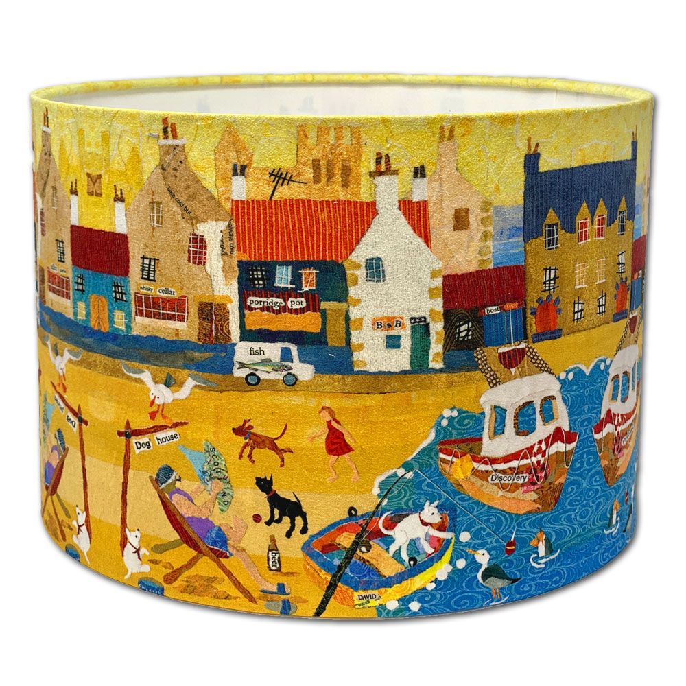Coastal lampshade with boats and dogs by Dawn Maciocia