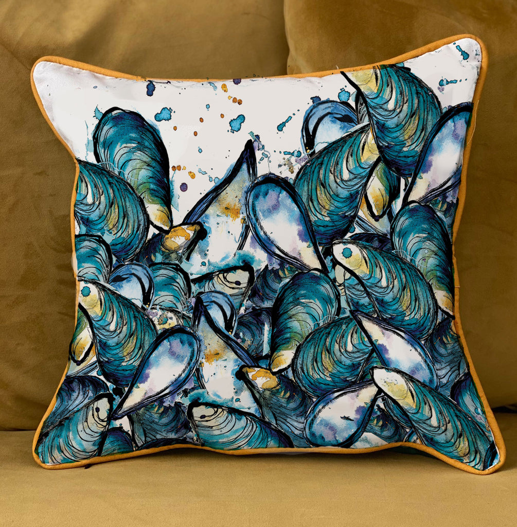 blue mussels on a cream background cotton cushion with ochre piping