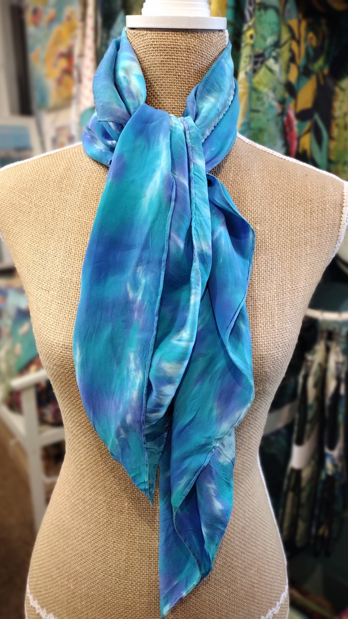Turquoise square silk scarf by Janet Croome