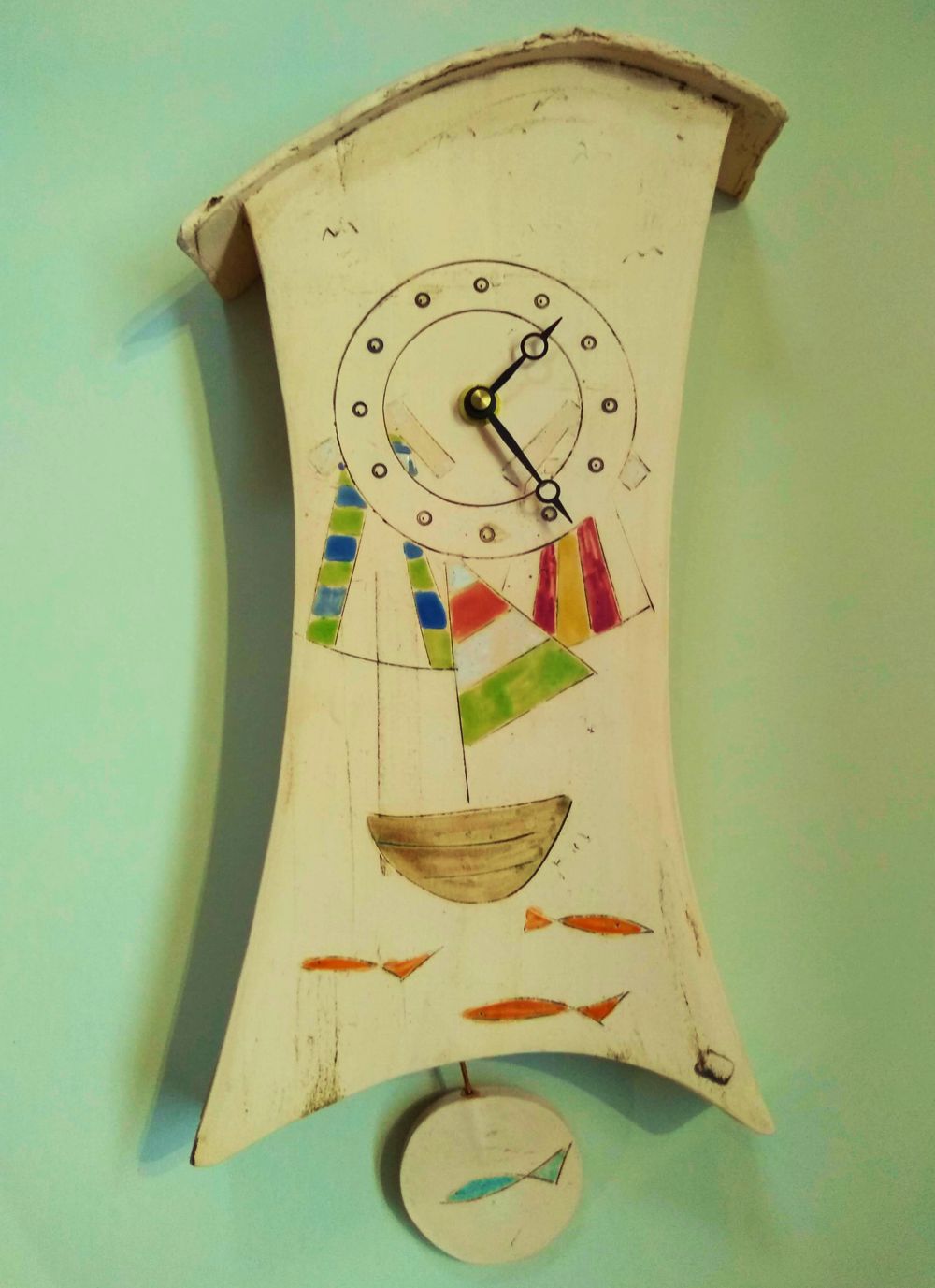 Handmade ceramic sailing boat wall clock by Iveta Goddard (com)