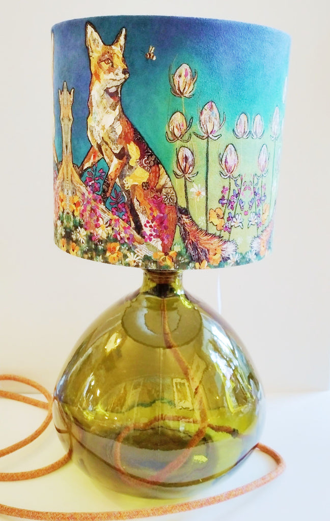 Olive green recycled glass lamp-base sown with a fox and bee lampshade