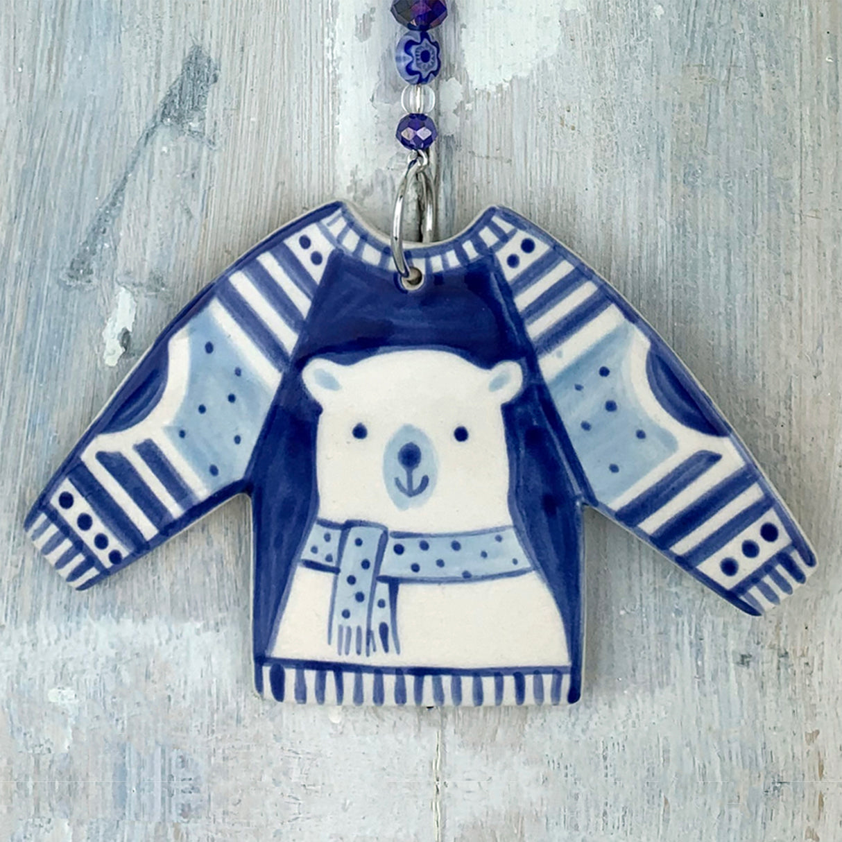Blue Polar Bear Christmas Jumper ceramic decoration