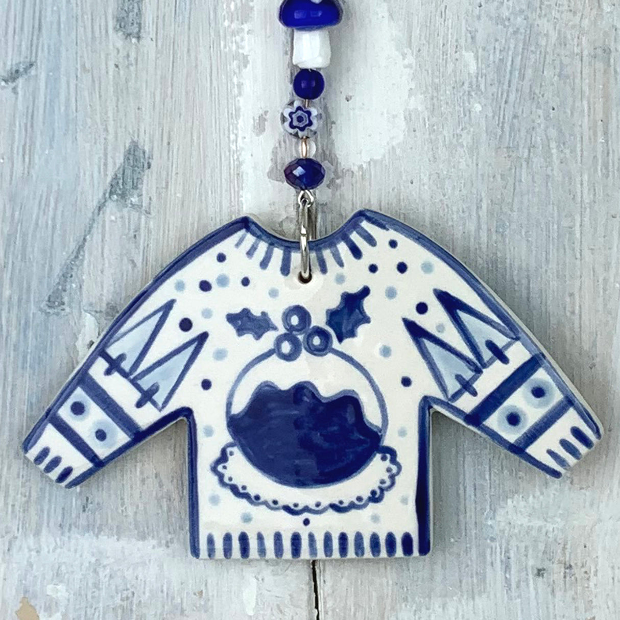 Blue Christmas Pudding Christmas Jumper ceramic decoration