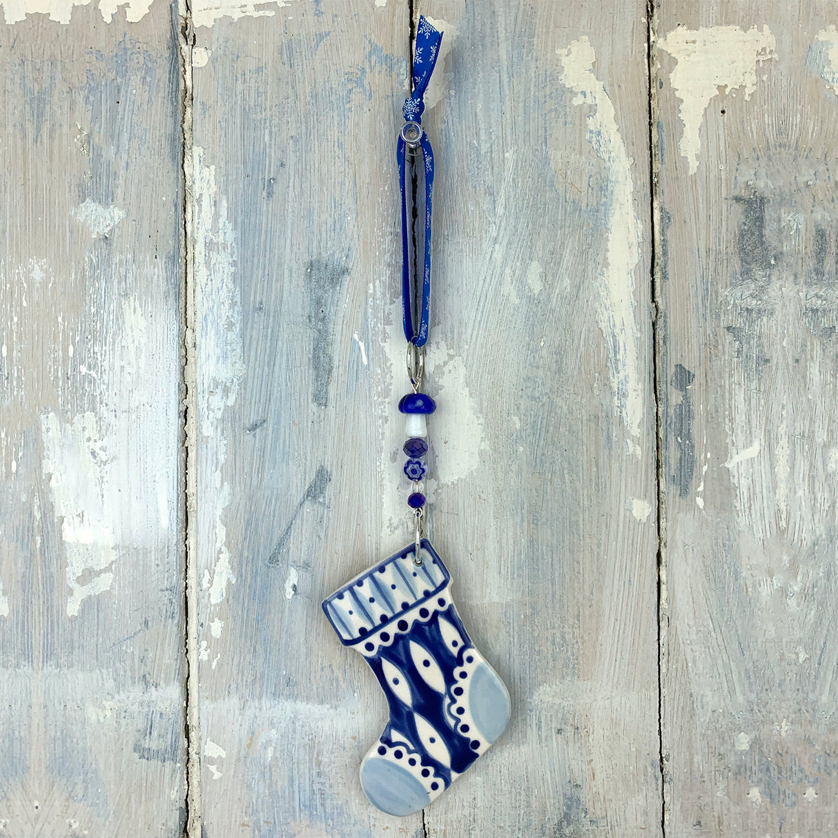 Blue Christmas stocking ceramic decoration
