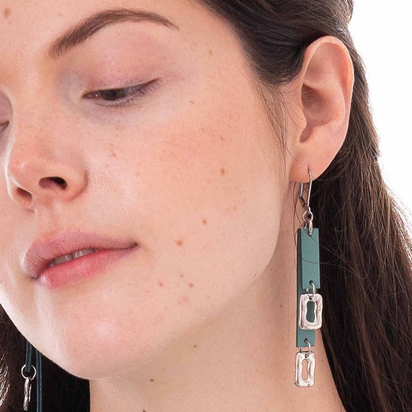 Double Duck Egg Blue Leather and Small Ring Feature Earrings