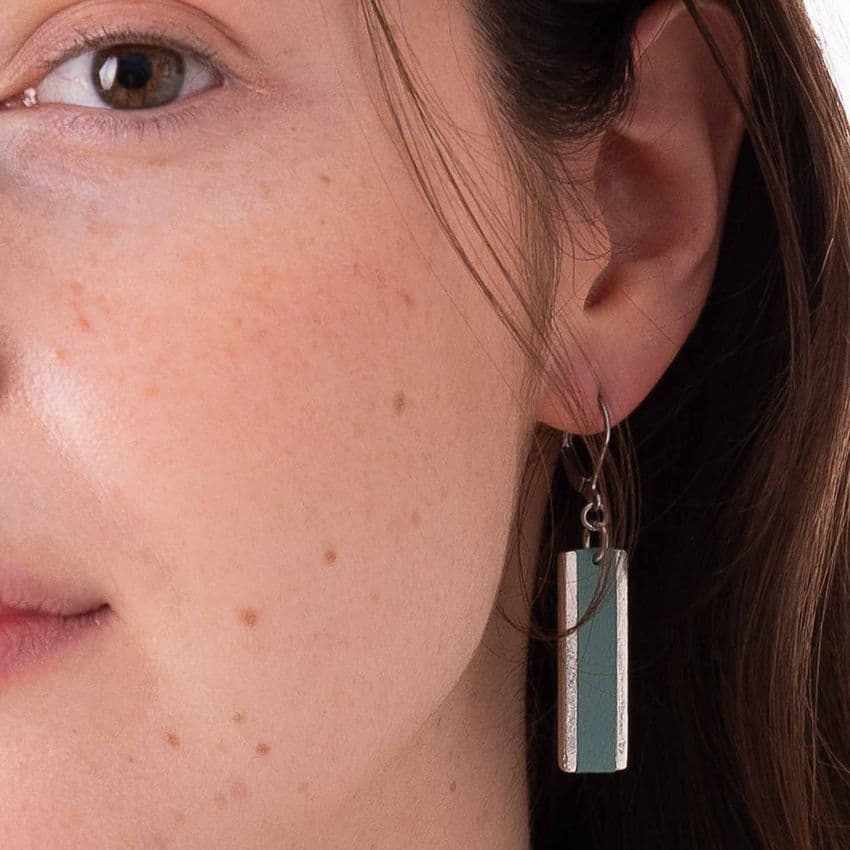 Long Rectangle Drop Earrings with Duck Egg Leather Inlay