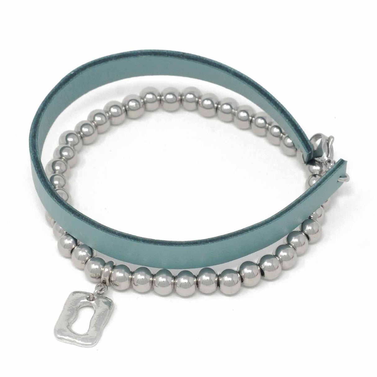 Small Ring Feature Elasticated Balls Bracelet with Duck Egg Blue Leather Strap