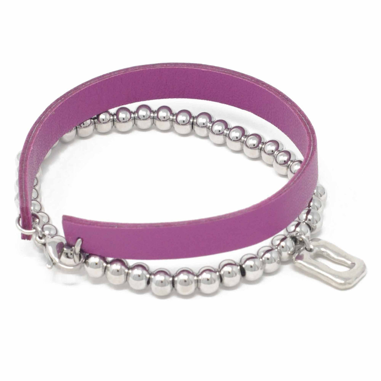 Small Ring Feature Elasticated Balls Bracelet with Grape Leather Strap
