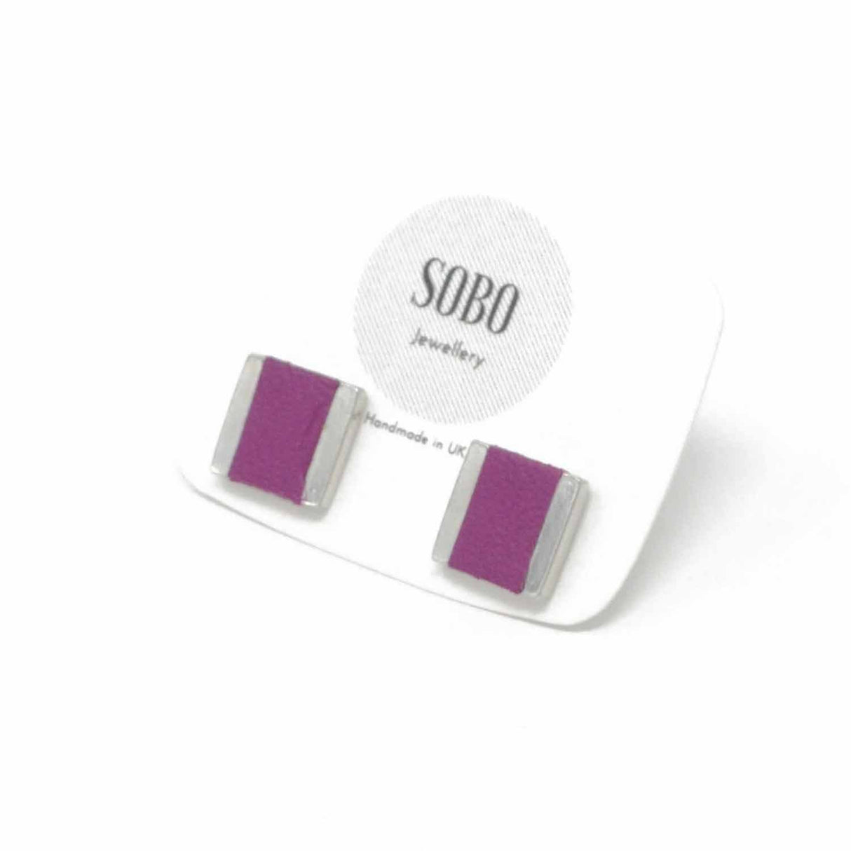 Small Square Stud Earrings with Grape Leather Inlay