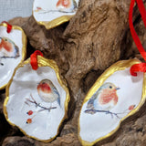 Christmas Ornaments 4 x Robin Redbreast Oyster Shell Decor