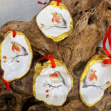 Christmas Ornaments 4 x Robin Redbreast Oyster Shell Decor