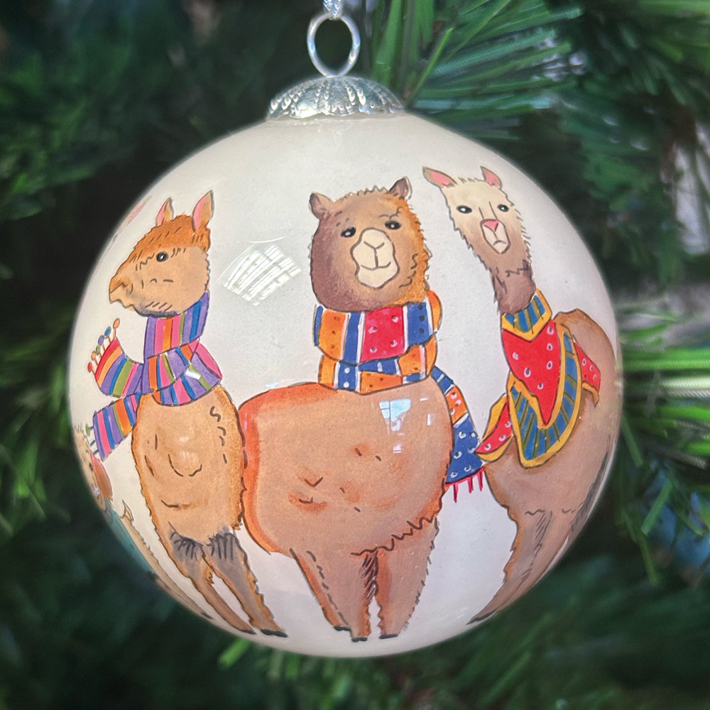 Hand-painted Alpaca and Friends Christmas Glass Bauble