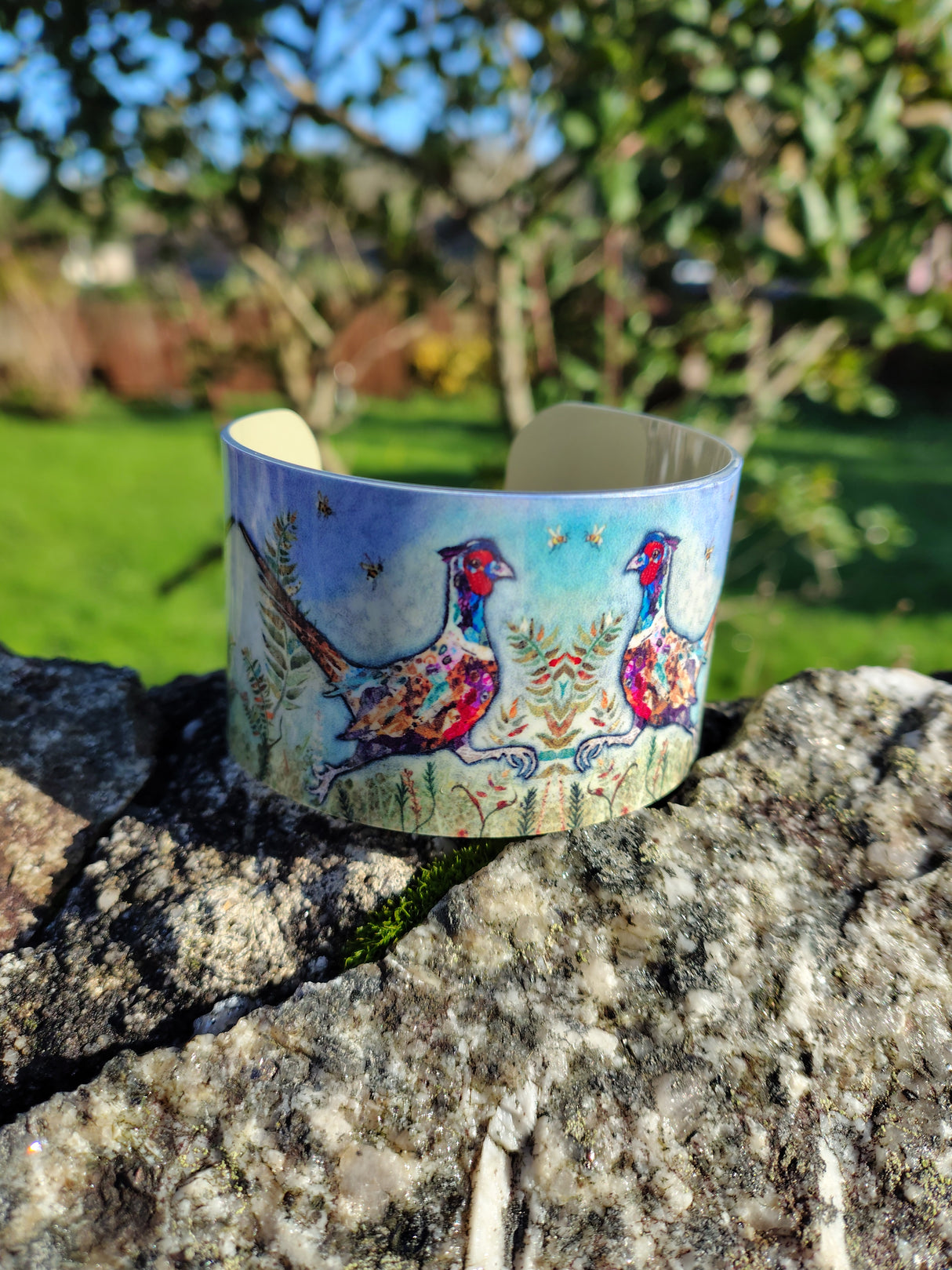 "Bee Free" Pheasant and Bees Cuff Bangle Bracelet by Dawn Maciocia