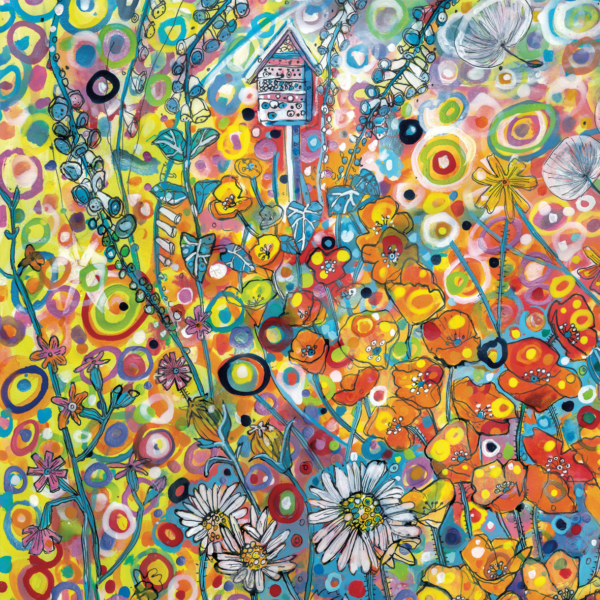 Bug Hotel & Orange Poppies, card by Sally Rich