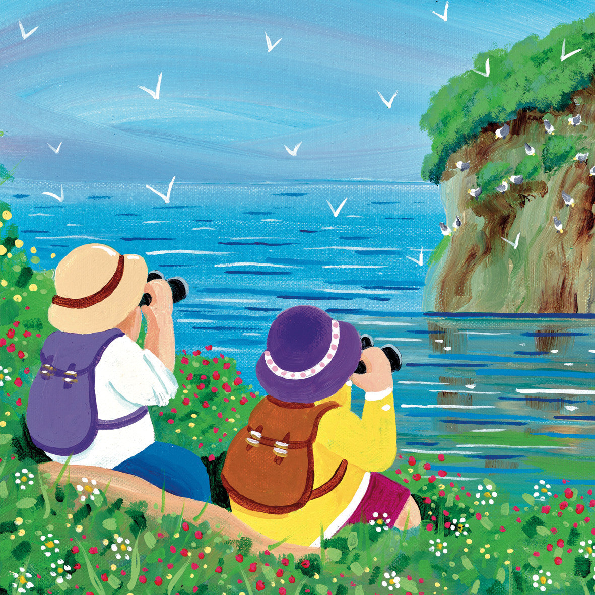"Cliff Top Twitchers" card by Nikky Corker