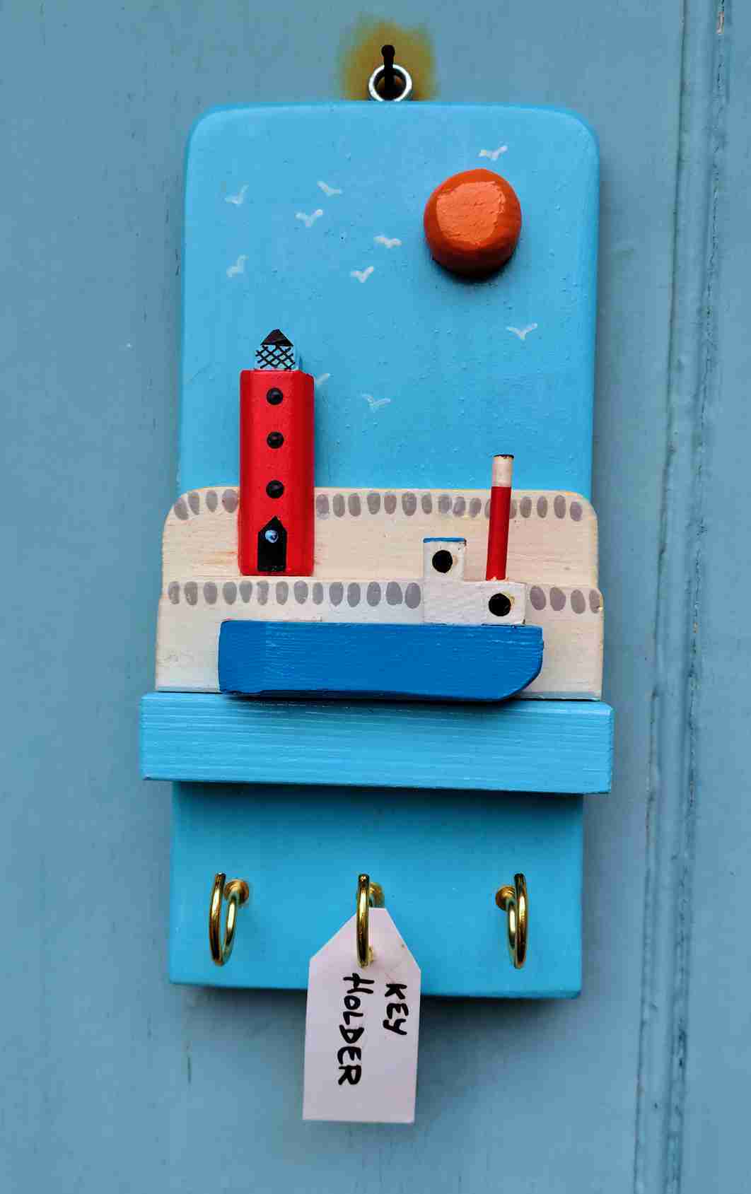 Wooden Harbour Key Holder with a Blue fishing boat by David Fry (COM)