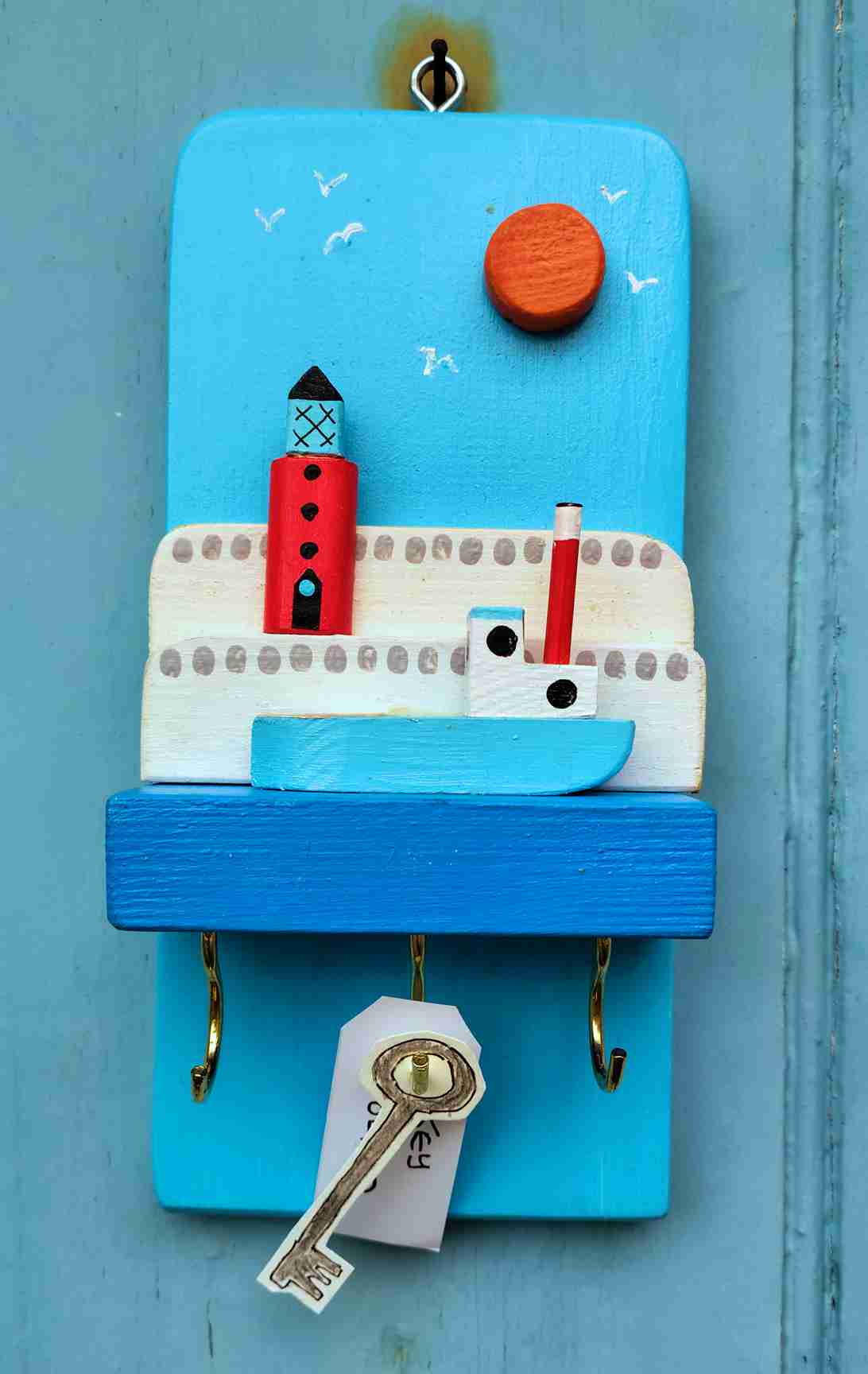 Wooden Harbour Key Holder with a Light Blue fishing boat by David Fry (COM)