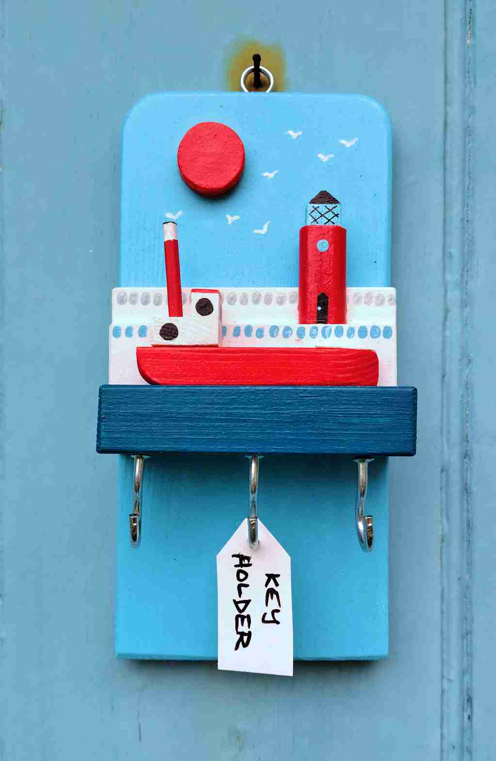 Wooden Harbour Key Holder with a red fishing boat by David Fry (COM)