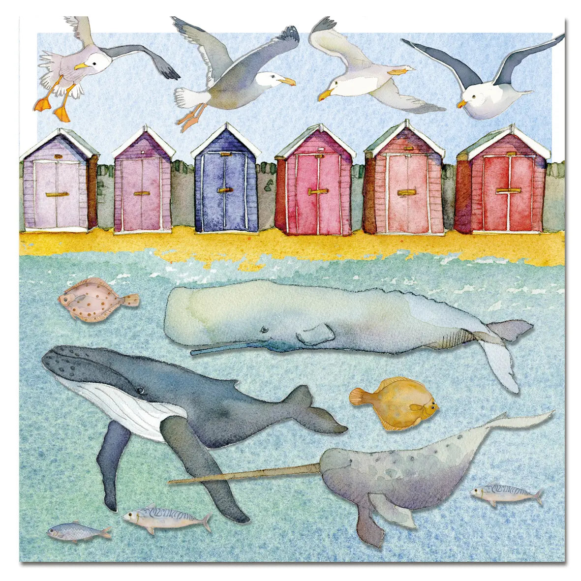 Beach Huts and Whales card by Emma Ball