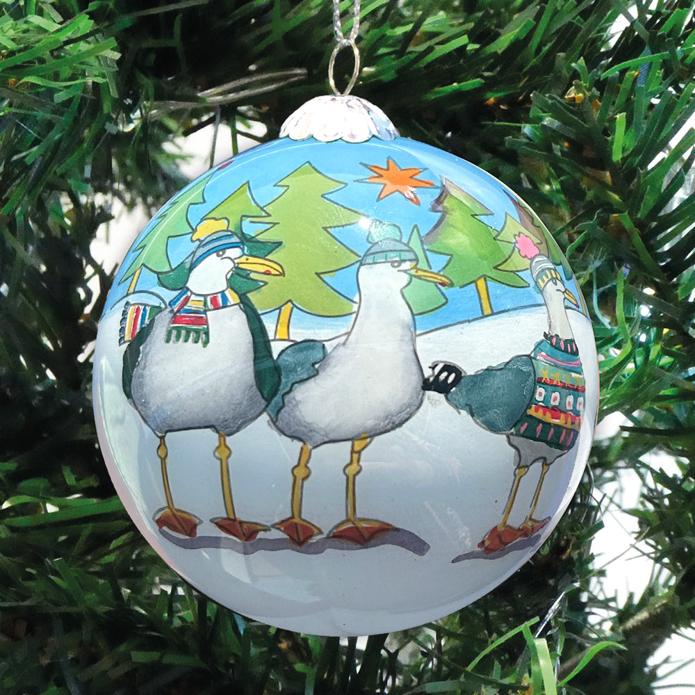 Hand-painted Beanie Seagull Glass Christmas Bauble