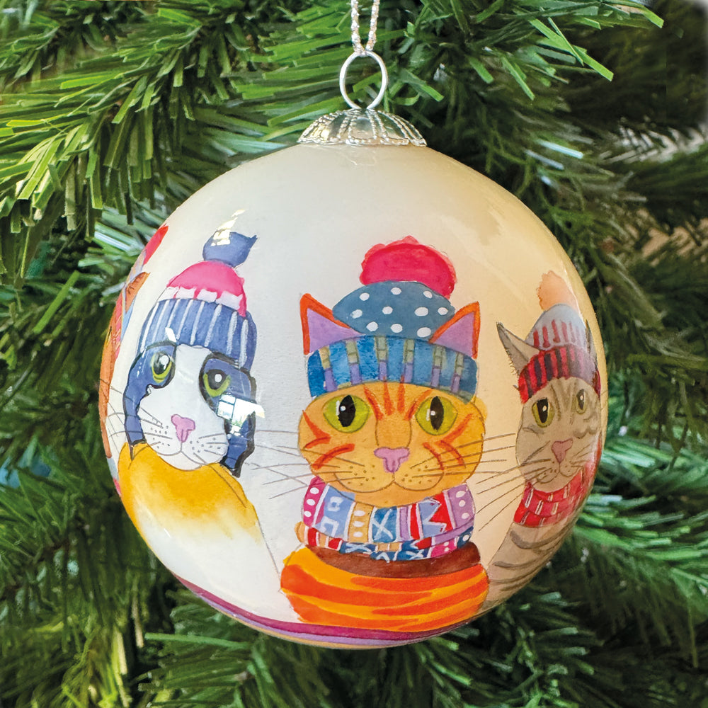 Hand-painted Christmas Cats in Hats Glass Bauble