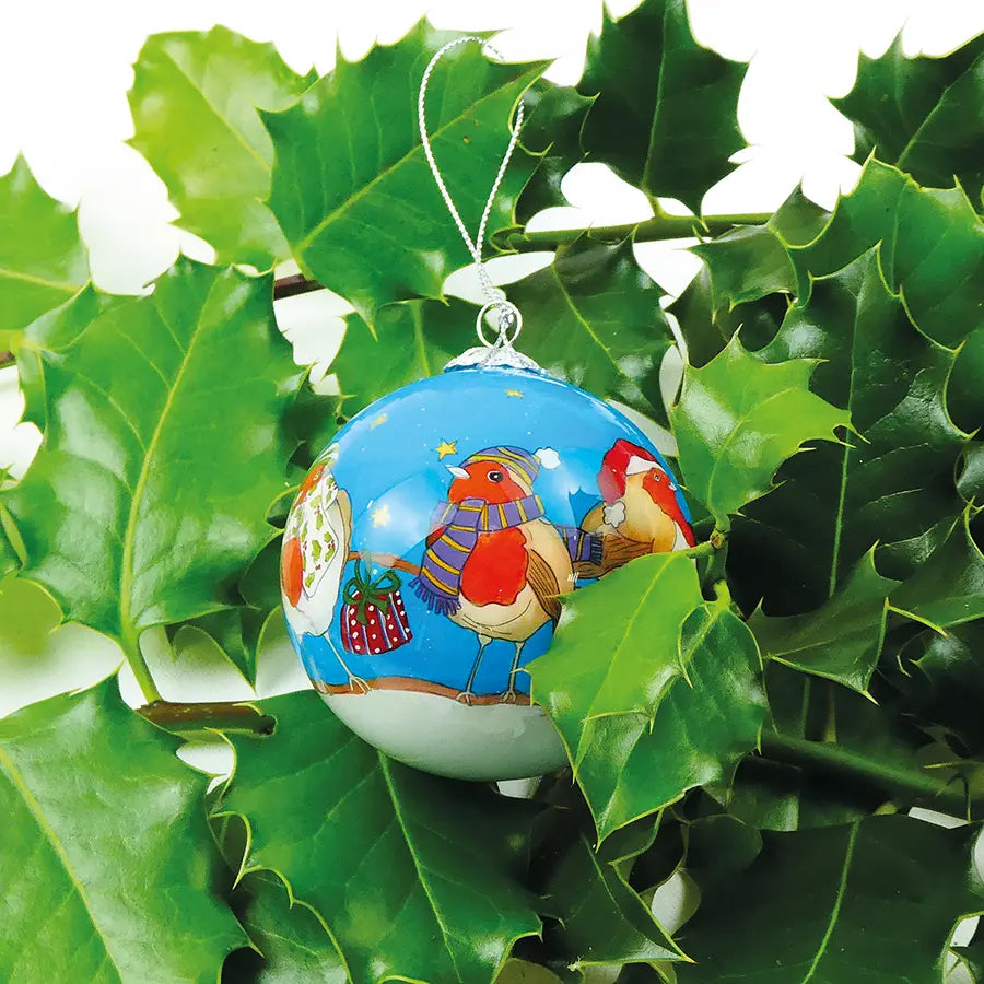 Hand-painted Robin Glass Christmas Bauble