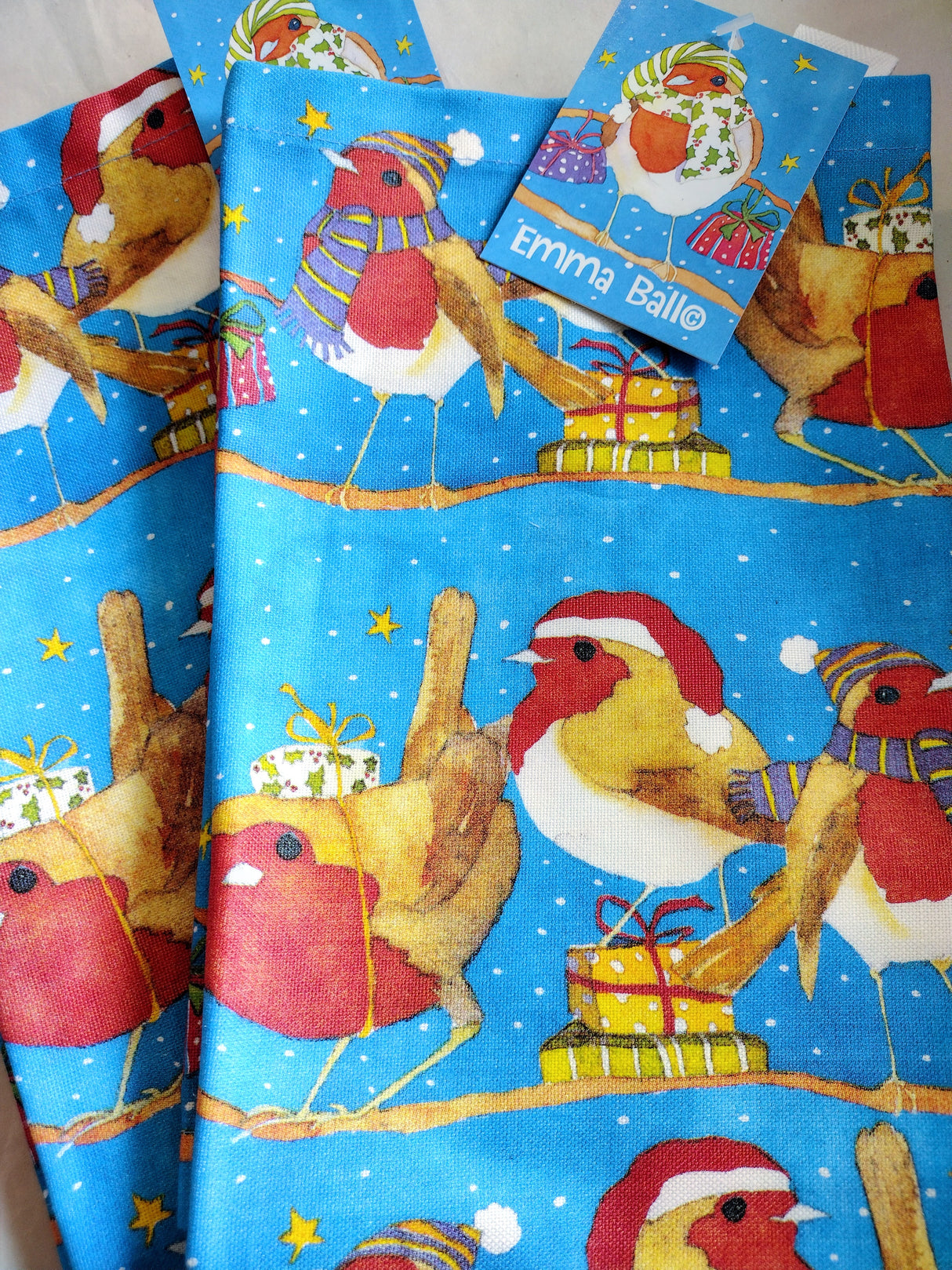 Christmas Robins tea towel