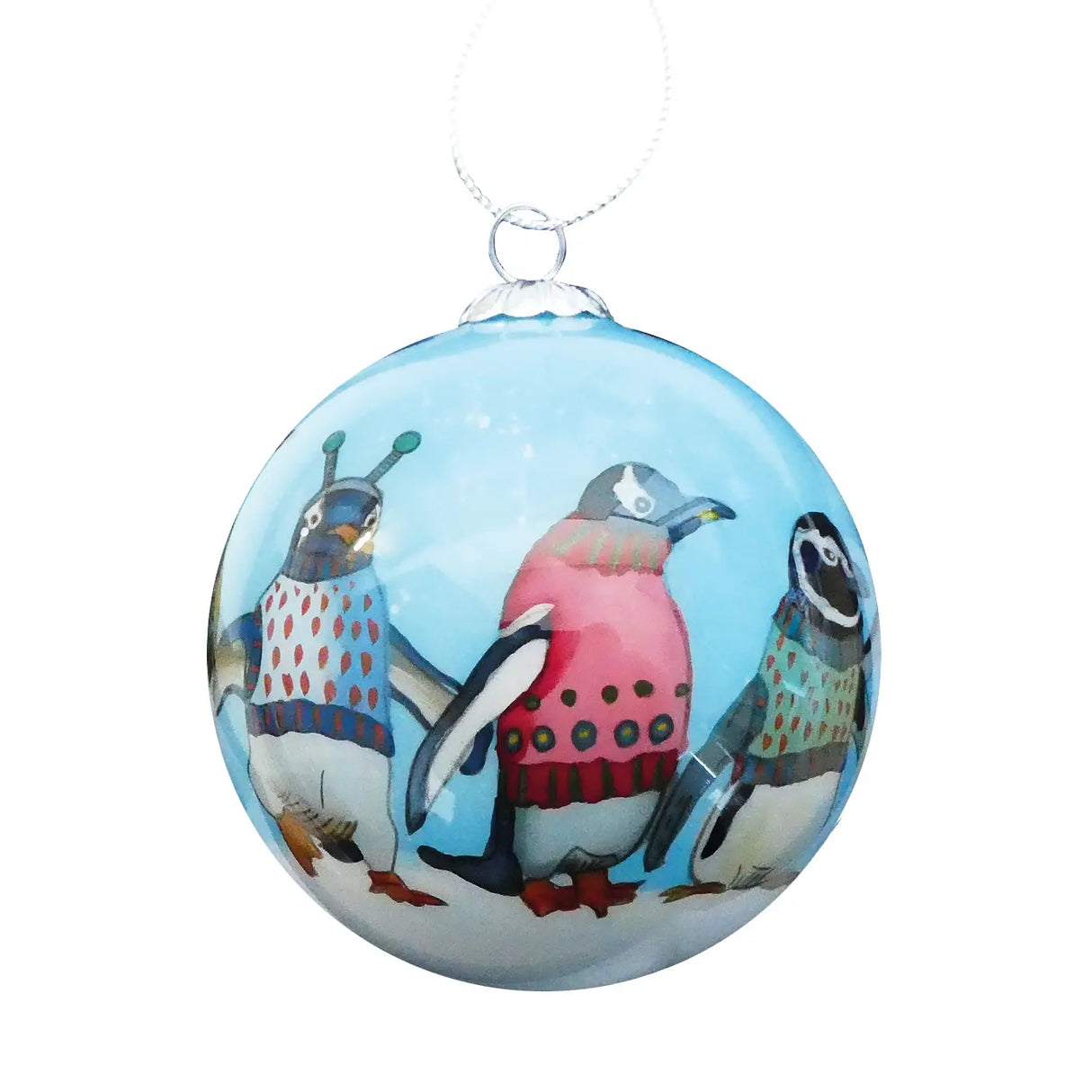 Hand-painted Dancing Penguins Glass Christmas Bauble