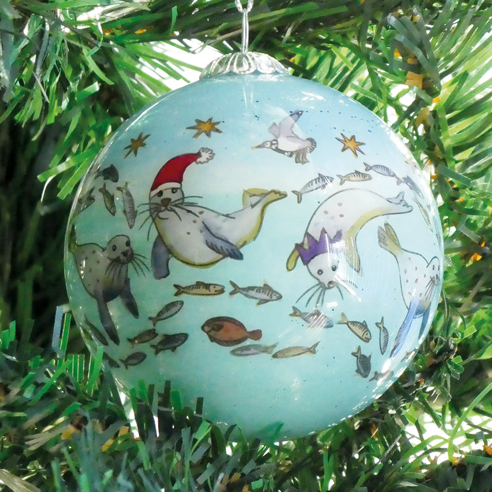 Hand-painted Diving Seals Glass Christmas Bauble