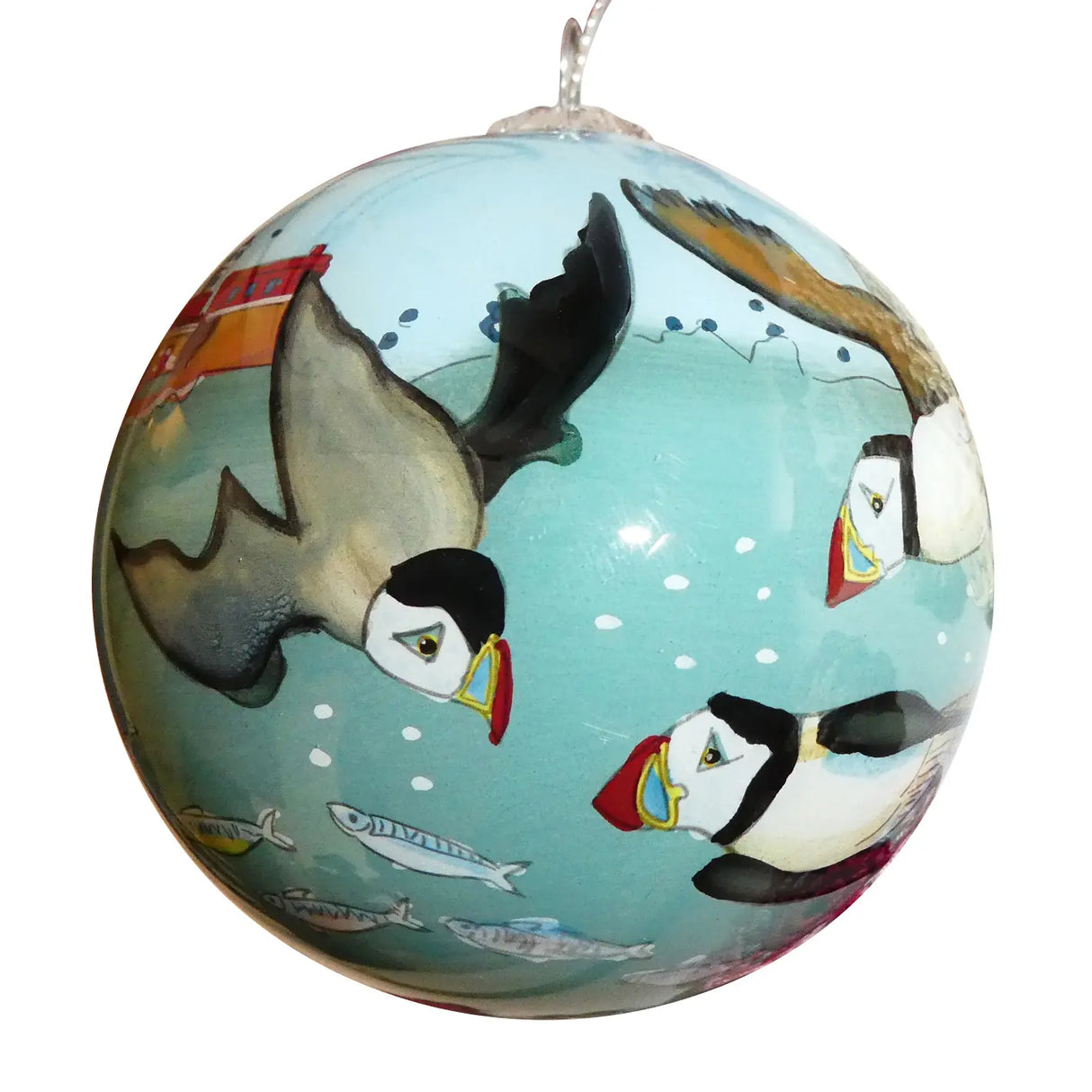 Hand-painted Diving Puffin Glass Christmas Bauble
