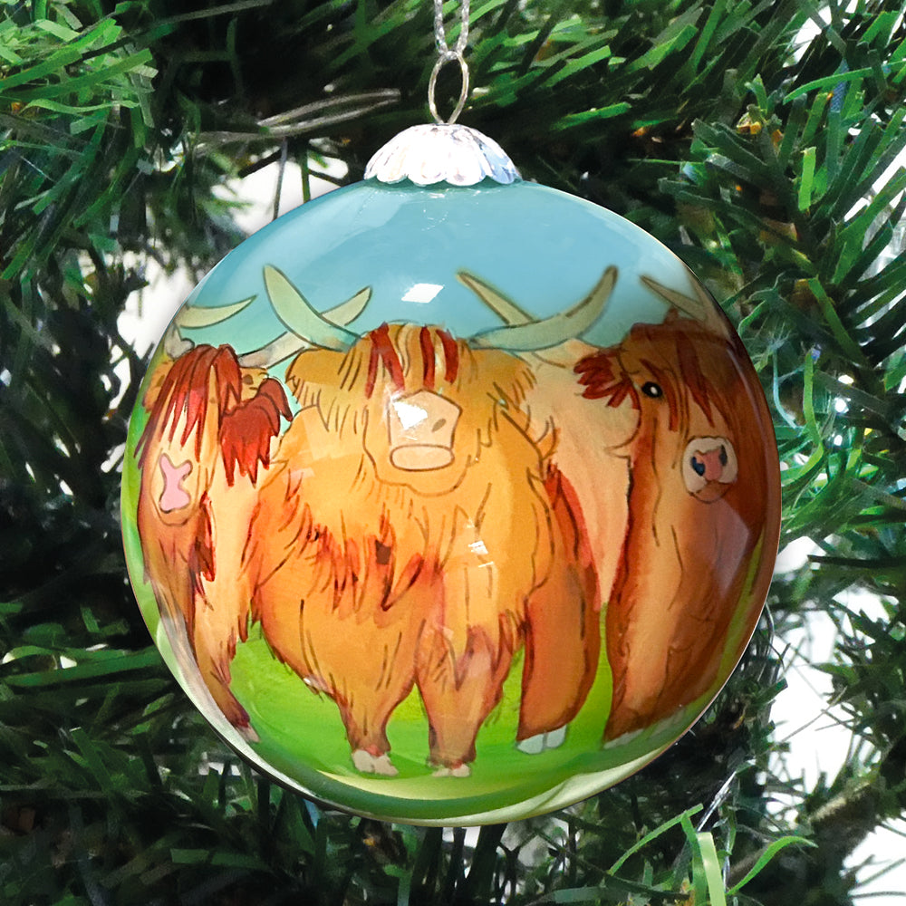 Hand-painted Christmas Highland Coos Glass Bauble