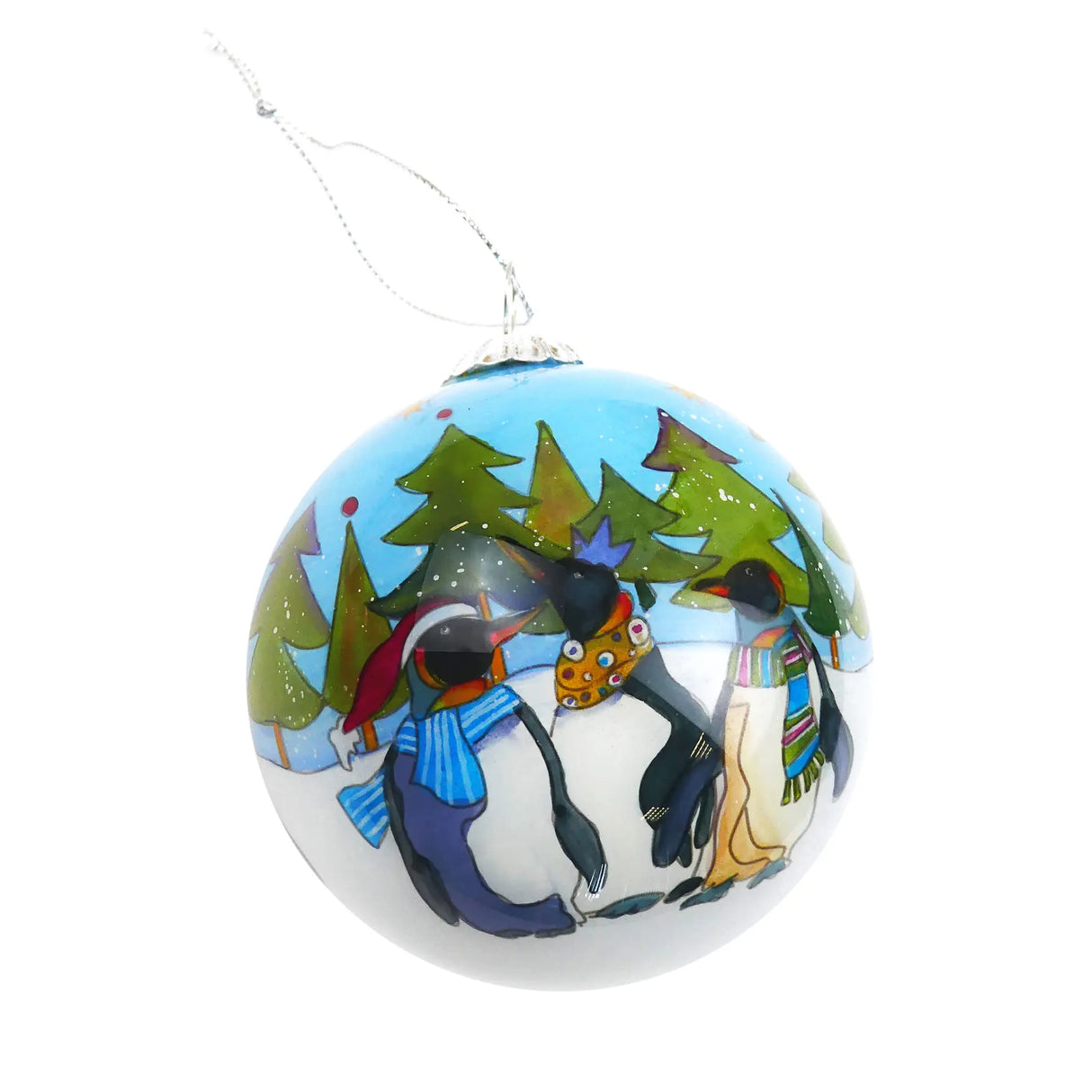 Hand-painted Penguins Glass Christmas Bauble