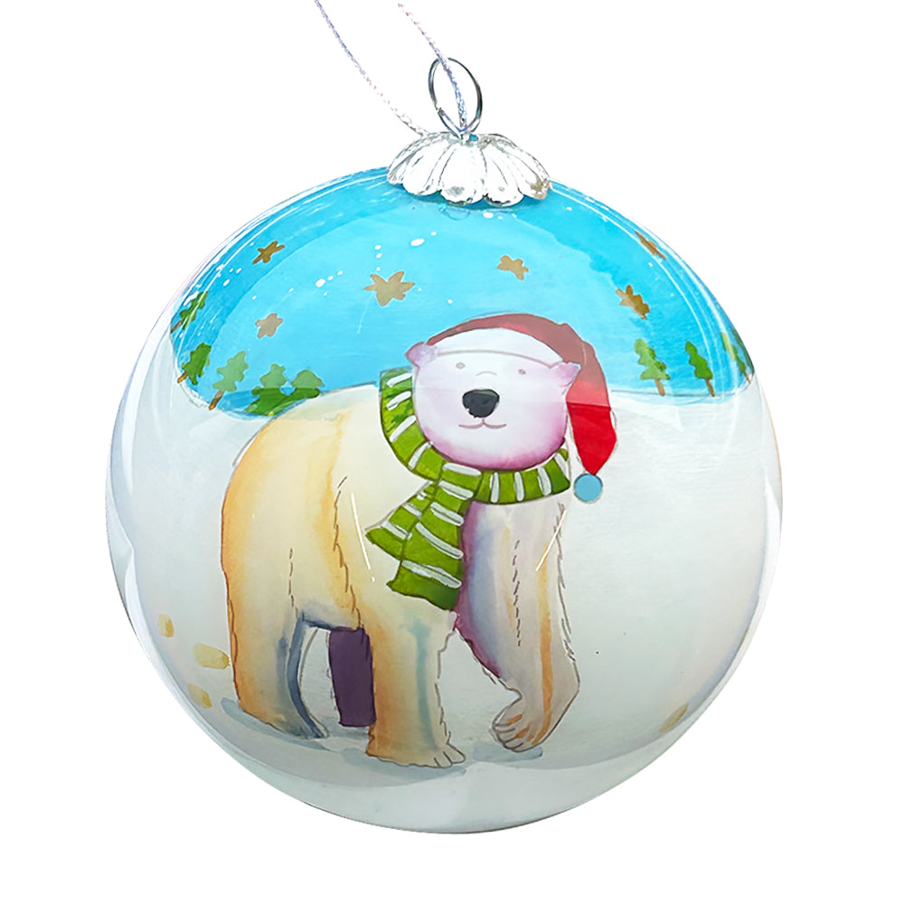 Hand-painted Christmas Polar Bear Glass Bauble