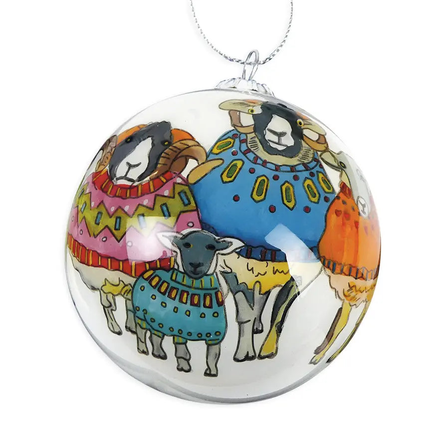 Hand-painted Christmas Sheep in Sweaters Glass Bauble