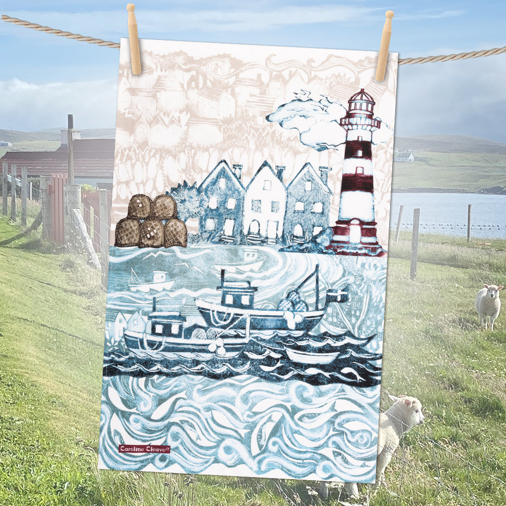 Caroline Cleave Fishing Village II tea towel