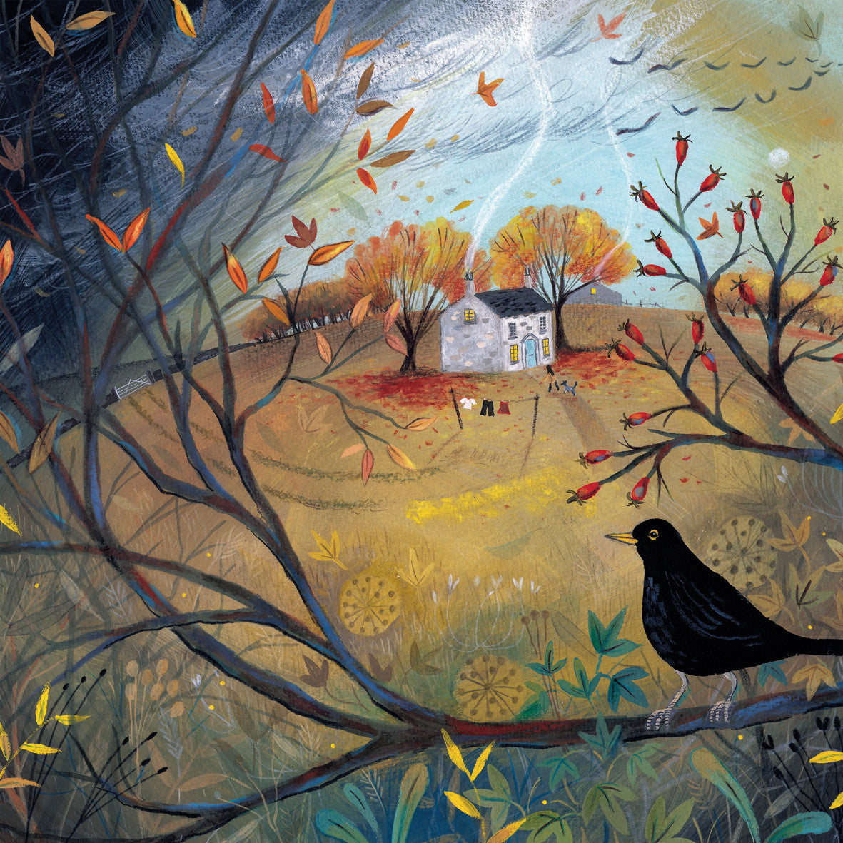 "Heading Home" blackbird card by Julia Crossland